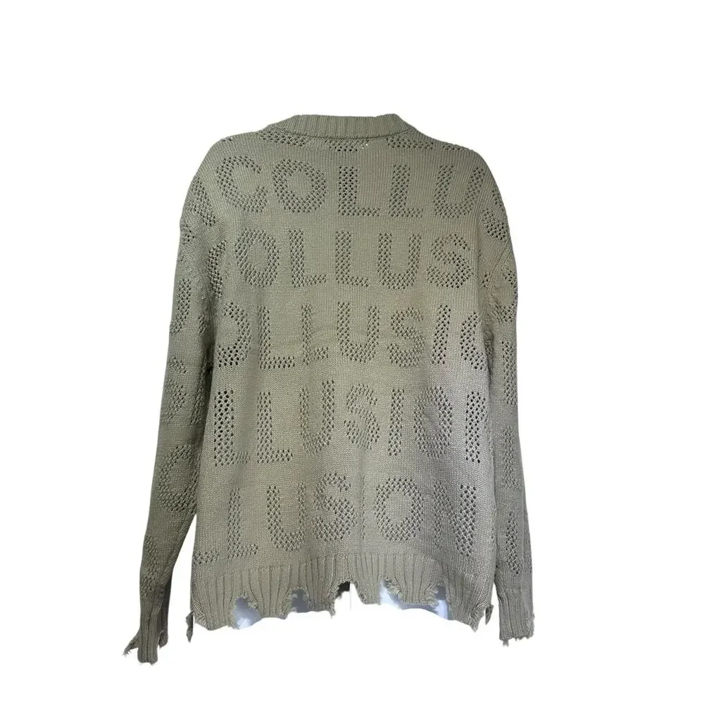 collusion Beige logo Open knit raw hem Pullover sweater 2XL - Picture 3 of 6